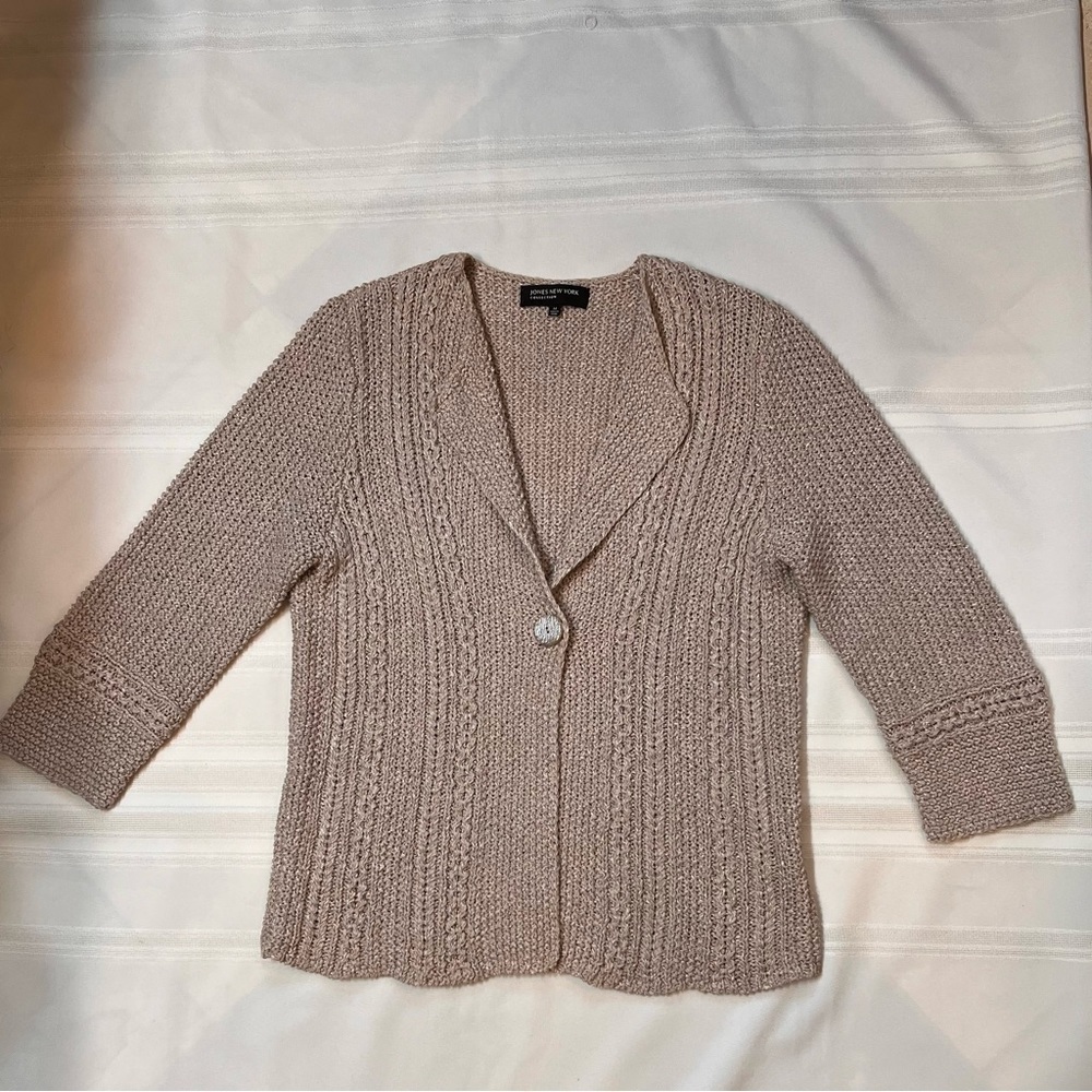 Jones New York Linen Crochet 3/4 Sleeve Cardigan Sz M EUC Cafe‎ Au Lait Color